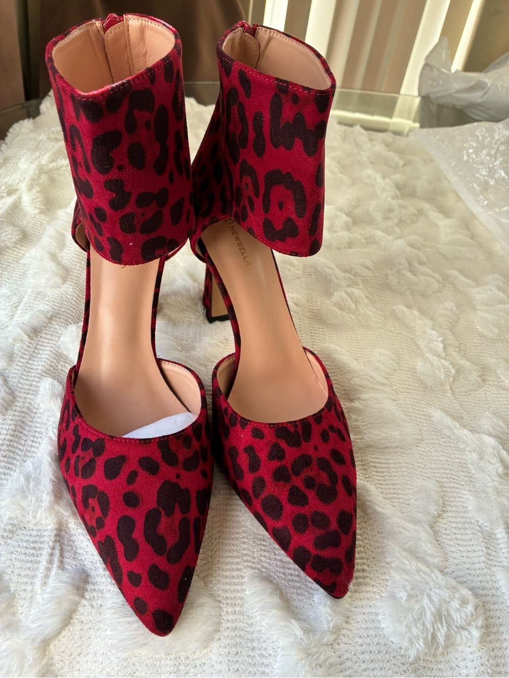 Women's Red Leopard Print Pointed-Toe Ankle Cuff Heels